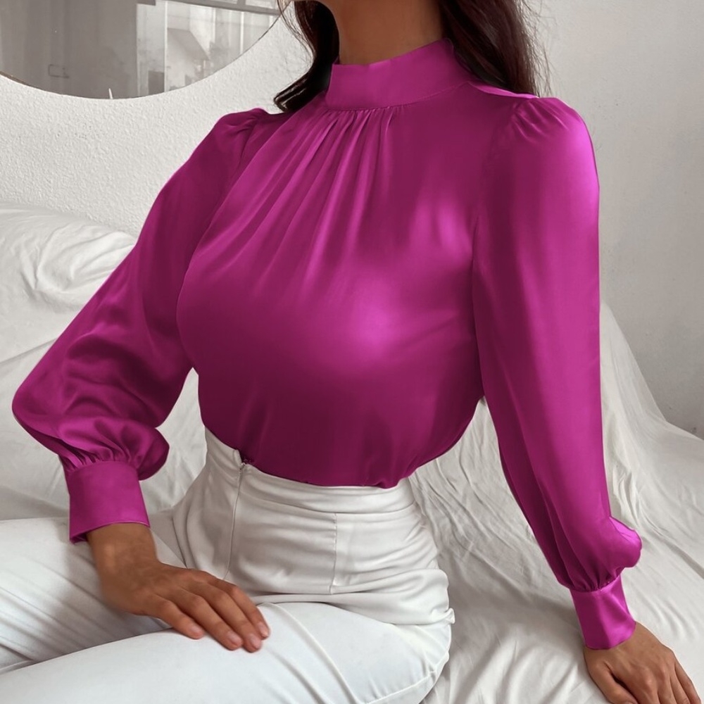 Classic High Neck pleated Satin long sleeve Top - Picture 10 of 11